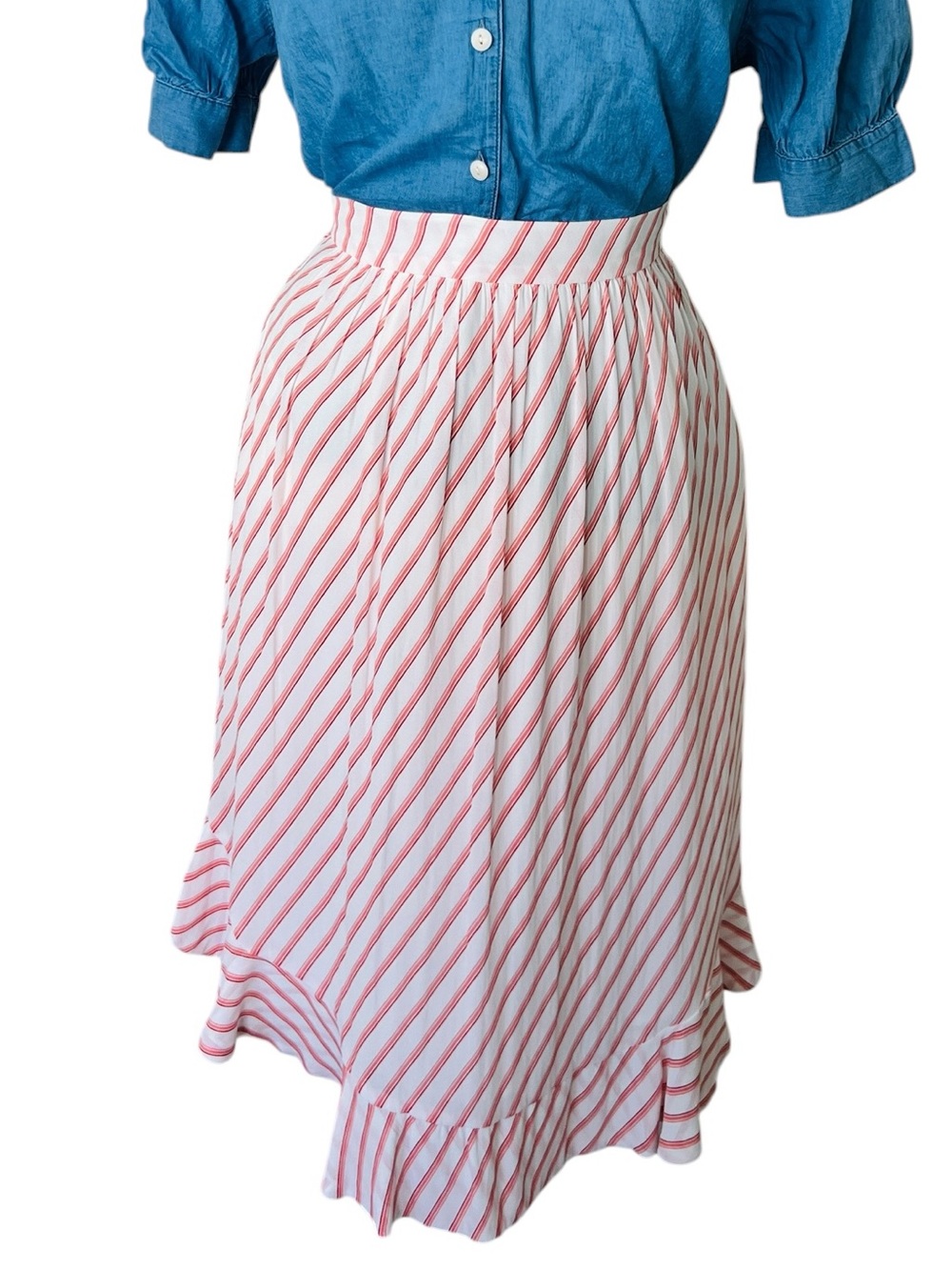 LOFT Cream Red Striped Ruffle Hem Skirt Size 0